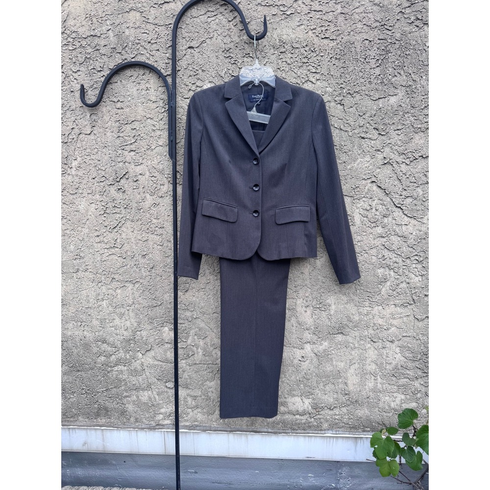 Evan-Picone Pant Suit Women 10P/8P‎ Charcoal Grey Stretch Blazer Trousers Set